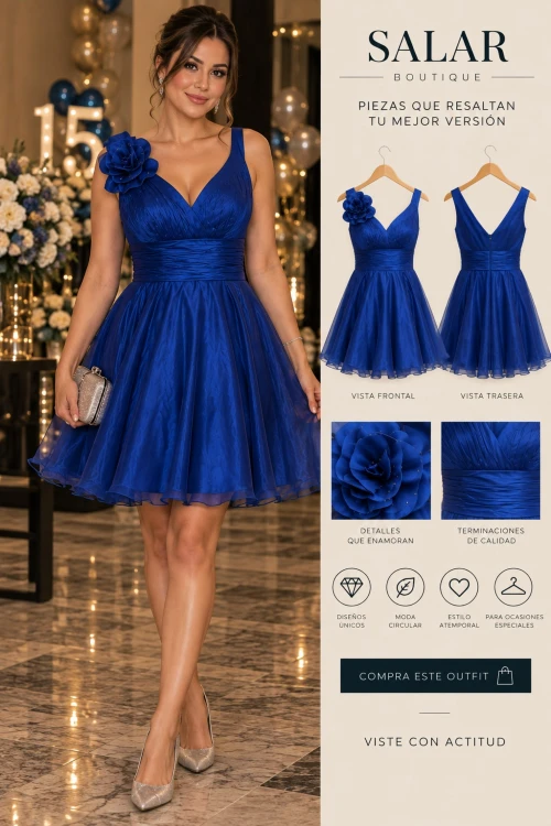 VESTIDO AZUL REY CON DETALLE FLORAL 3D – AUTENICA – TALLA L