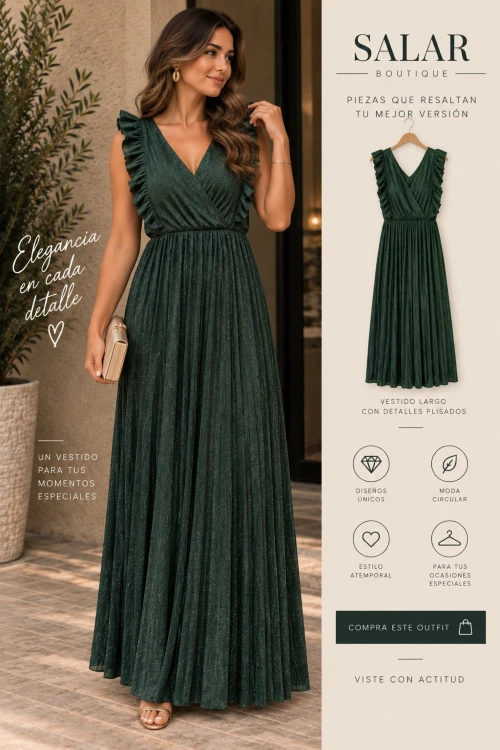 VESTIDO LARGO VERDE CON PLISADOS Y VOLANTES – SIN MARCA – TALLA M