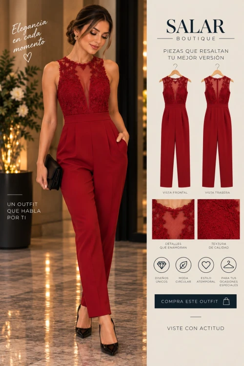 OUTFIT ROJO CON ENCAJE Y PANTALÓN RECTO – SIN MARCA – TALLA S/M