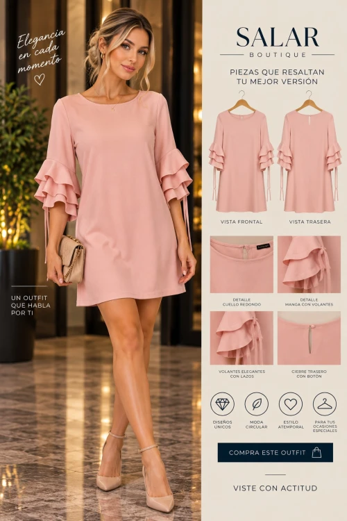 VESTIDO ROSA CON MANGAS DE VOLANTES – GRINDFIELD – TALLA M