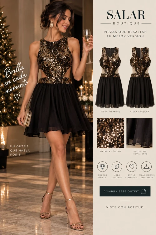 VESTIDO DE LENTEJUELAS DORADAS Y FALDA NEGRA – SIN MARCA – TALLA M