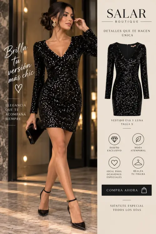 VESTIDO NEGRO DE LENTEJUELAS – EVA Y LUNA – TALLA S