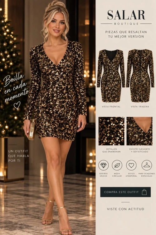 VESTIDO NEGRO CON LENTEJUELAS DORADAS – EVA Y LUNA – TALLA M